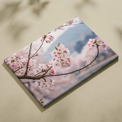 Soft pink cherry blossoms on branch framing misty mountain lake canvas art
