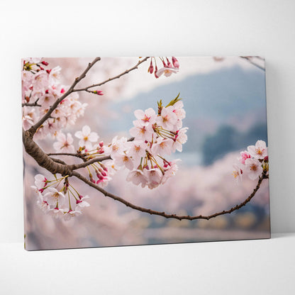 Soft pink cherry blossoms on branch framing misty mountain lake canvas art