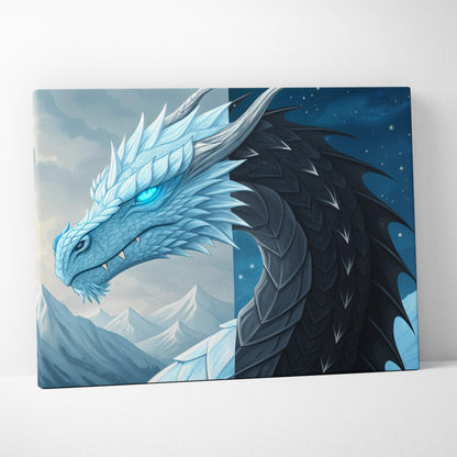 Ice and Shadow Dragon canvas art: icy blue dragon over snowy peaks and starry sky