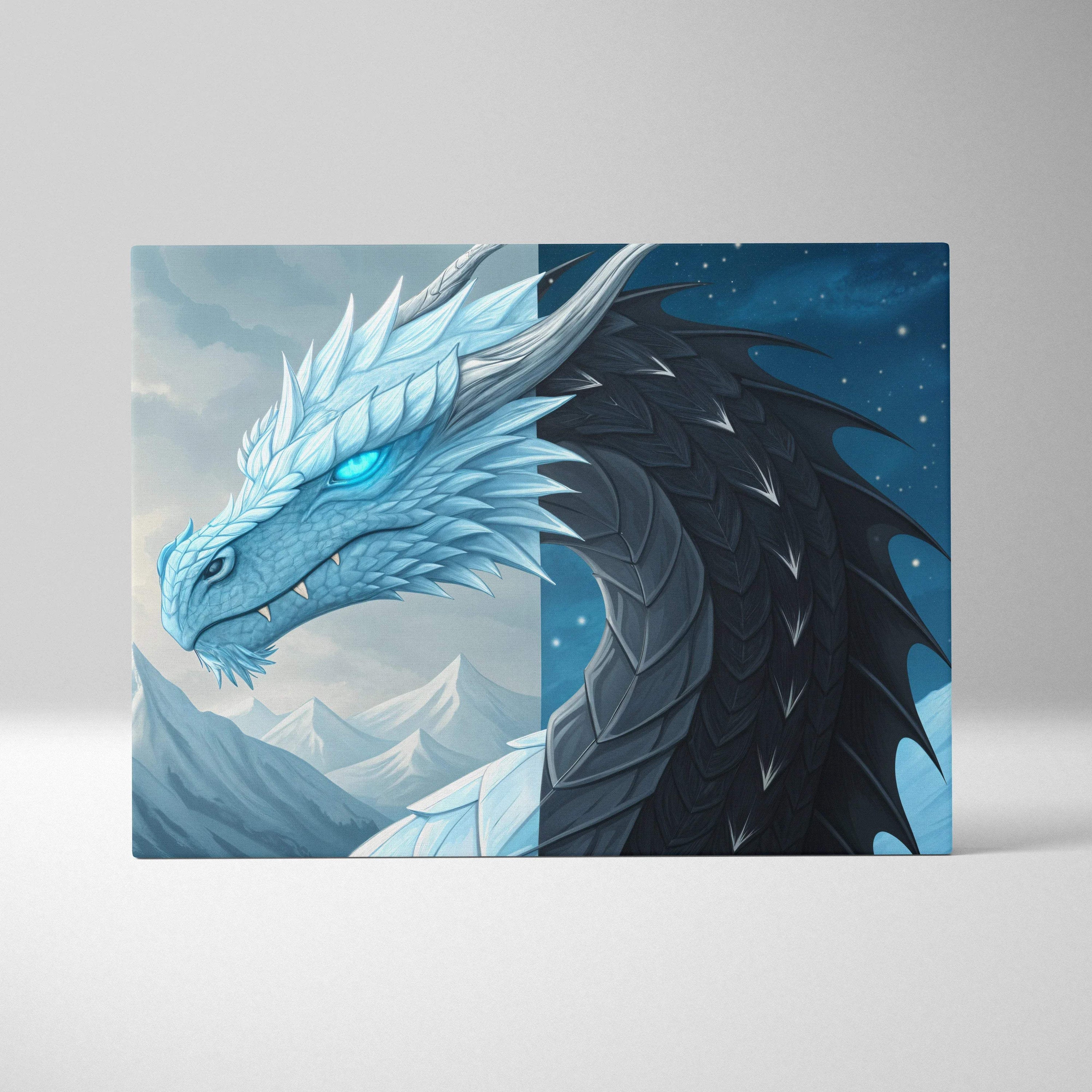 Majestic ice and shadow dragon canvas wall art over frozen peaks