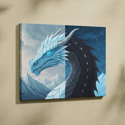 Ice and Shadow Dragon canvas art: icy blue half over snowy peaks meets black starry night