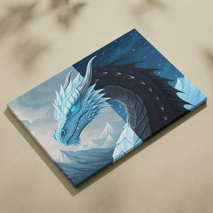 Majestic icy blue dragon canvas wall art with glowing eyes over starry peaks