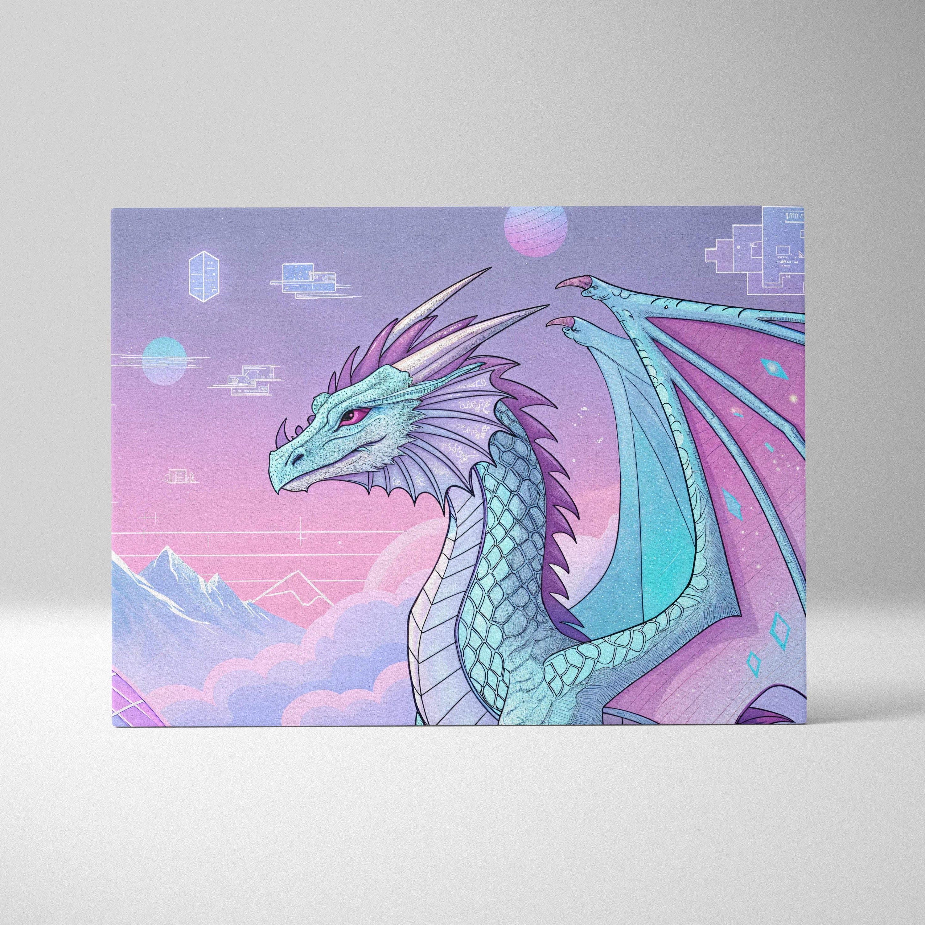 Pastel cyber fantasy dragon with crystalline wings over neon clouds canvas art