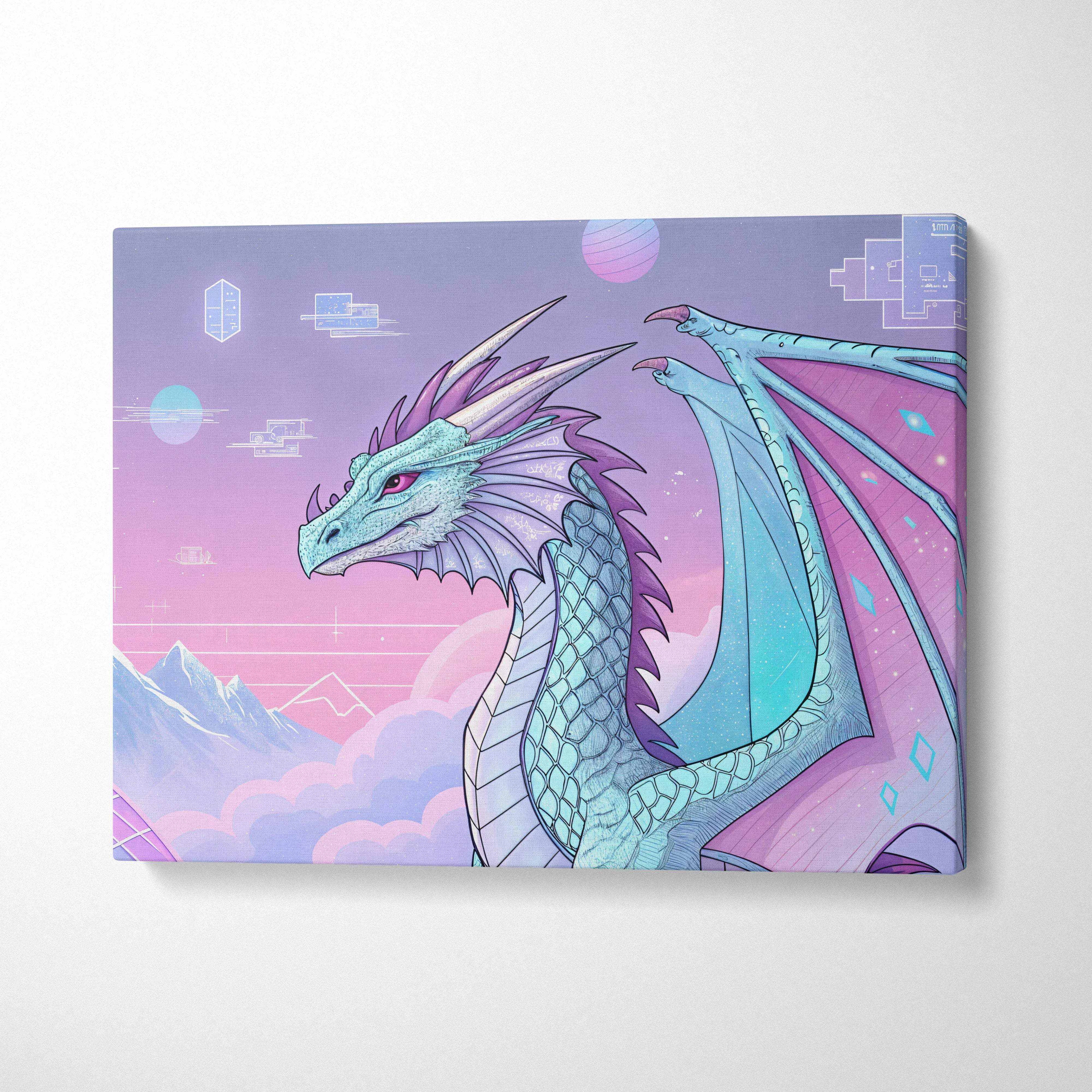 Pastel cyber fantasy dragon with crystalline wings over neon clouds canvas art