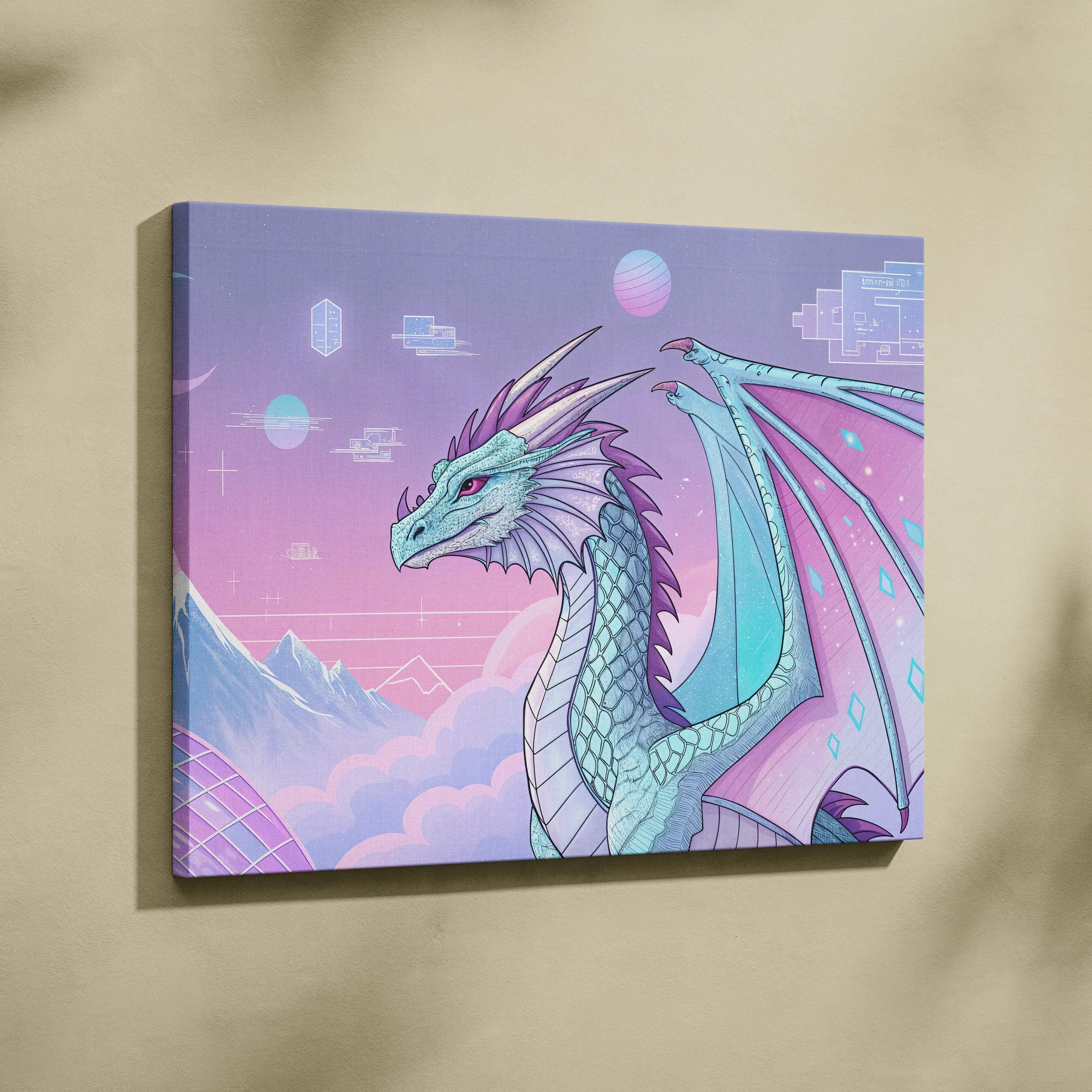 Pastel cyber fantasy dragon with crystalline wings over neon clouds canvas art