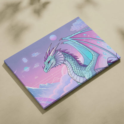 Pastel cyber fantasy dragon with crystalline wings over neon clouds canvas art
