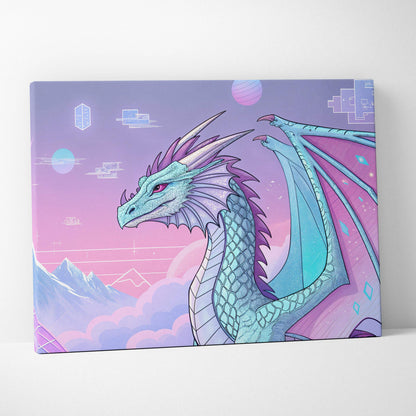 Pastel cyber fantasy dragon with crystalline wings over neon clouds canvas art