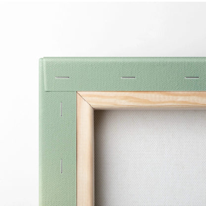 Mint green canvas frame with light wood border for Three Shadow Wolves art