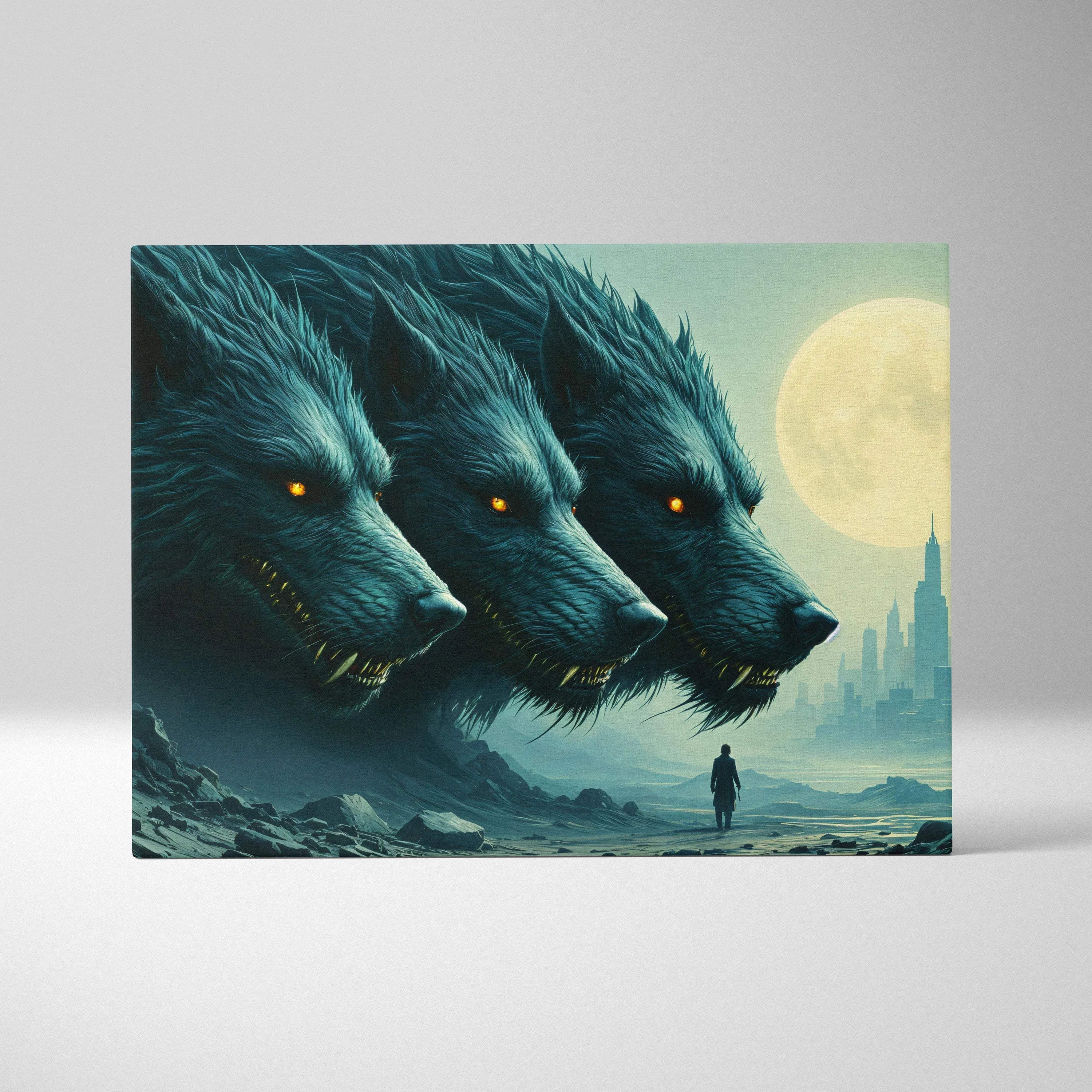 Three shadow wolves with ember eyes loom over lone traveler in moonlit city canvas art