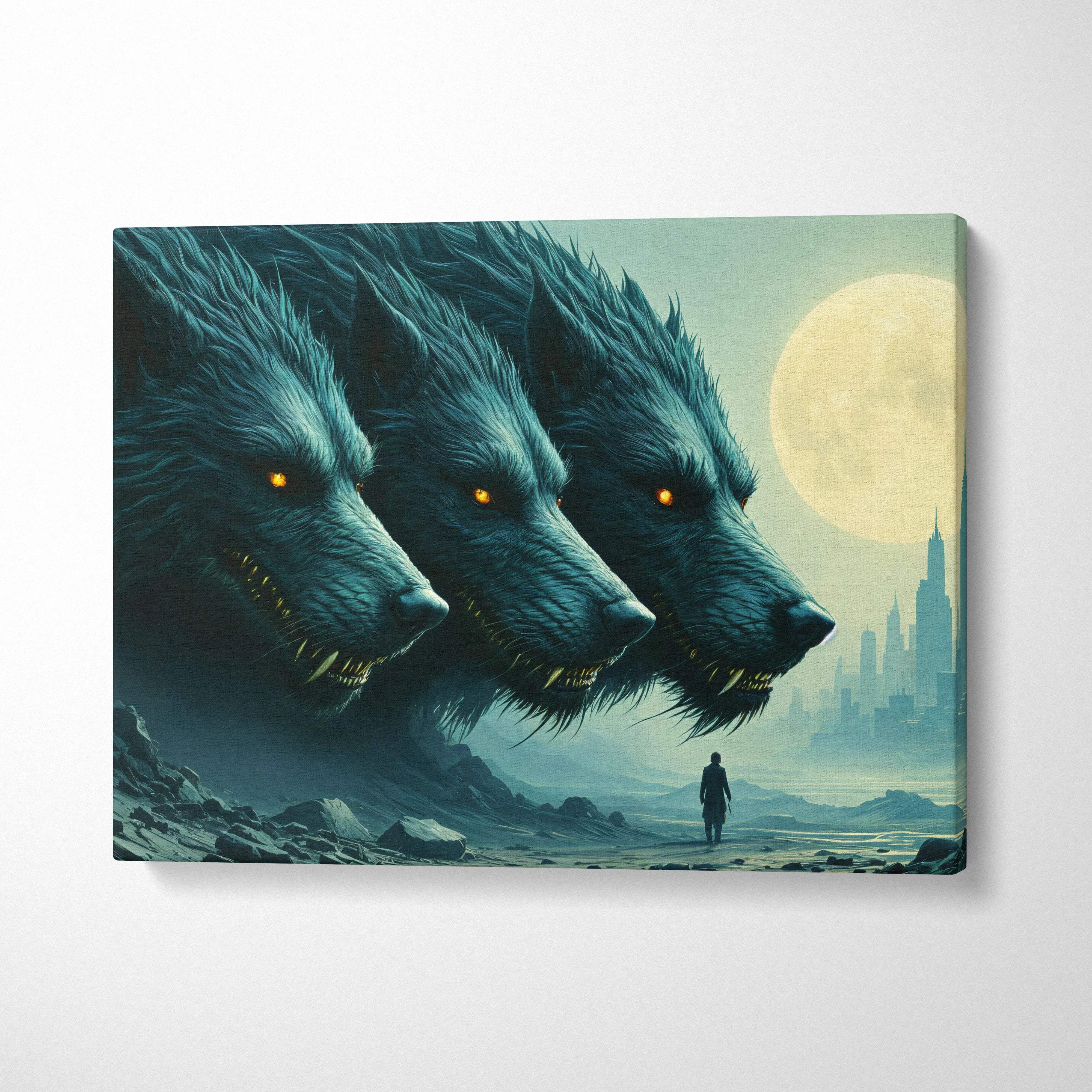 Three shadow wolves with ember eyes loom over lone traveler moonlit city canvas art