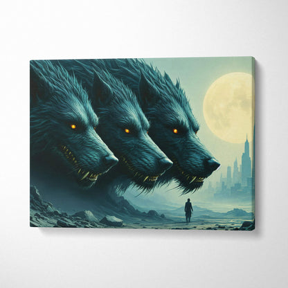 Three shadow wolves with ember eyes loom over lone traveler moonlit city canvas art