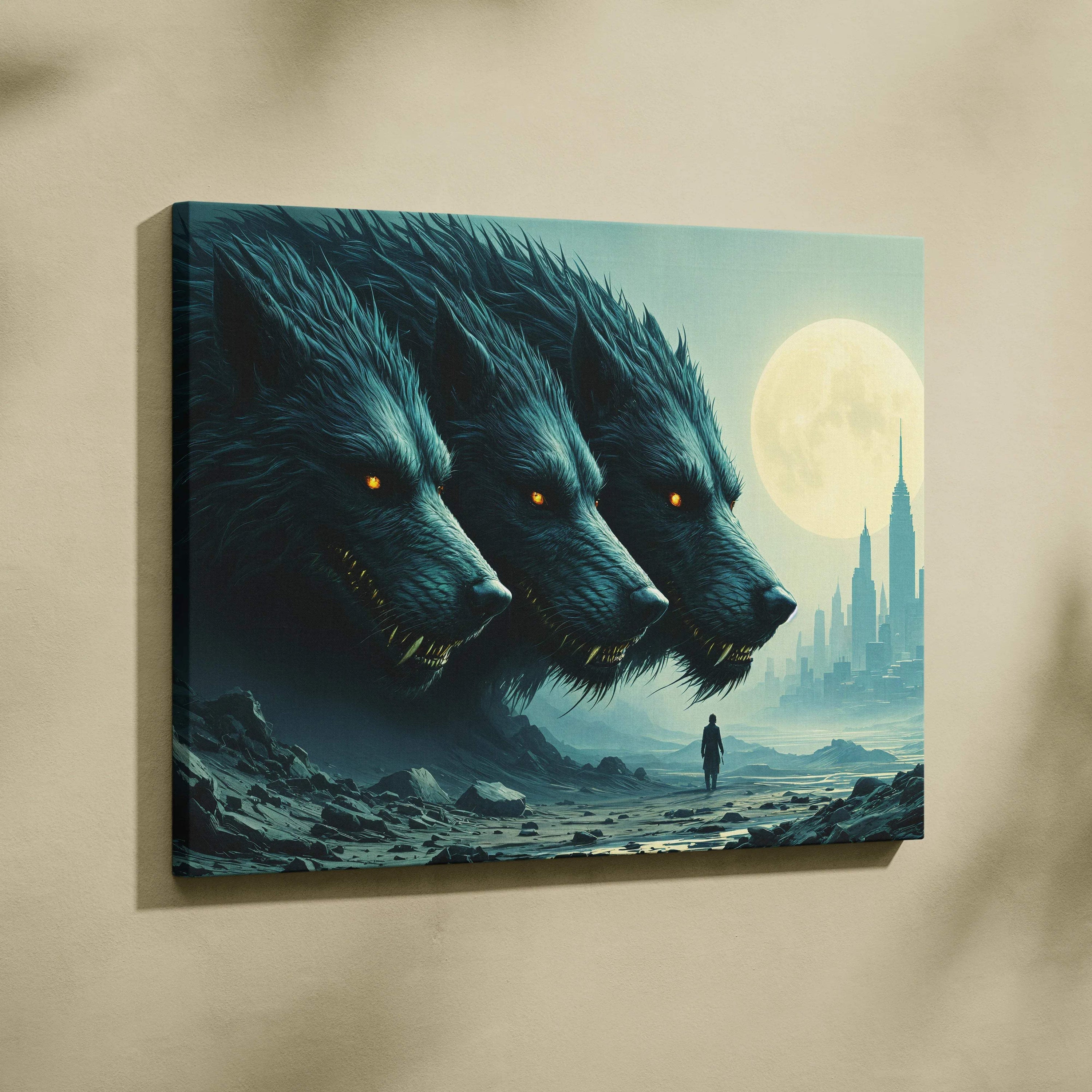 Three shadow wolves with ember eyes loom over lone traveler in moonlit ruins canvas art