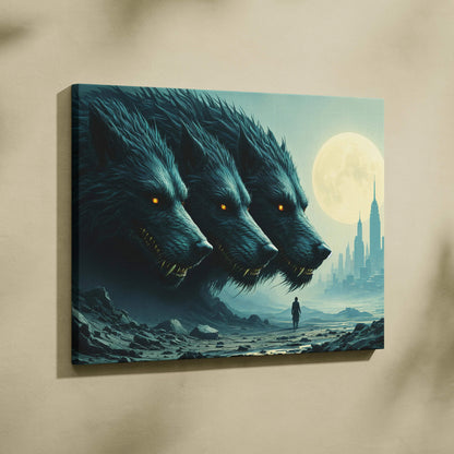 Three shadow wolves with ember eyes loom over lone traveler in moonlit ruins canvas art