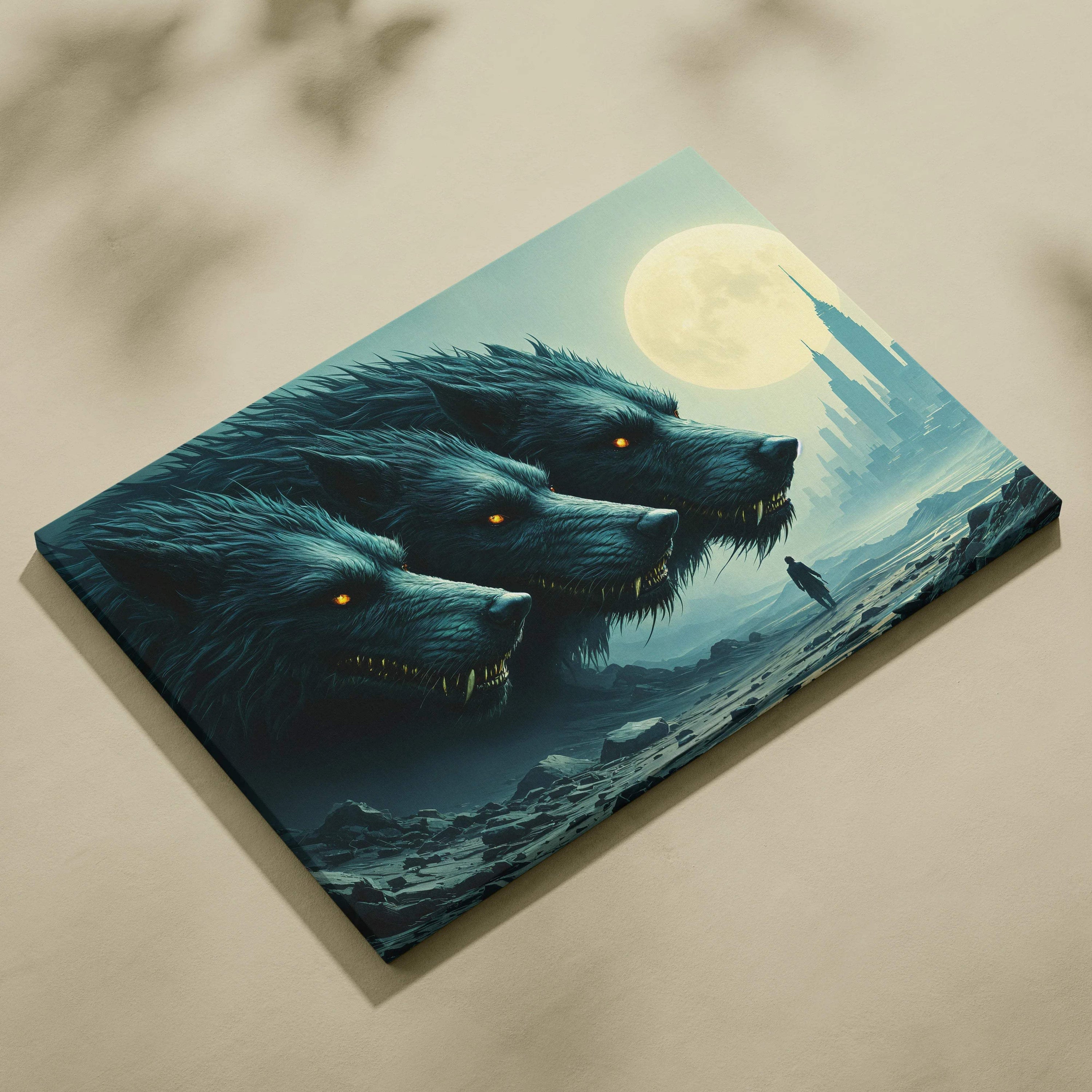 Three shadow wolves with ember eyes loom over lone traveler in moonlit city ruins canvas print