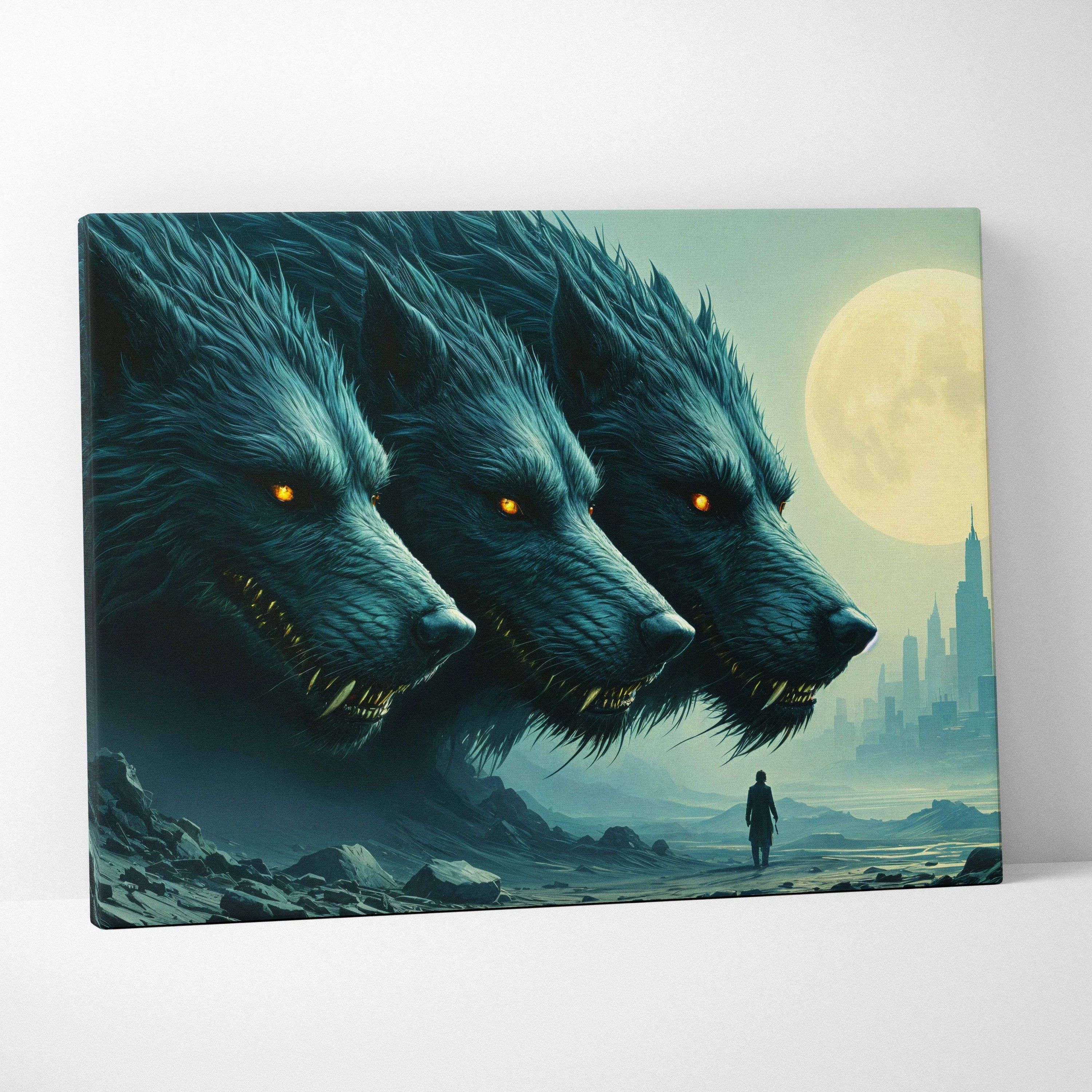 Three teal werewolves with glowing orange eyes loom over lone traveler in moonlit city ruins canvas art