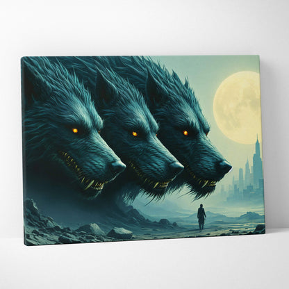 Three teal werewolves with glowing orange eyes loom over lone traveler in moonlit city ruins canvas art