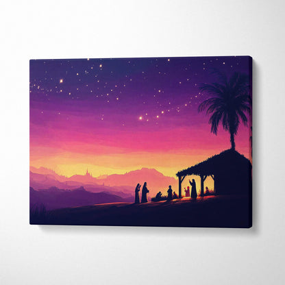 Nativity silhouette canvas wall art with starry sunset horizon and palm tree