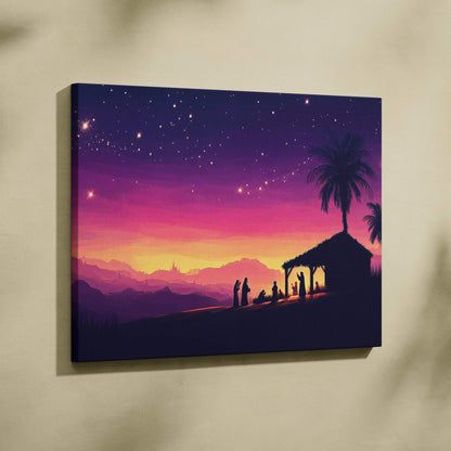 Nativity silhouette canvas wall art with starry purple pink sunset sky