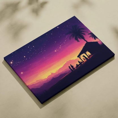 Nativity silhouette canvas wall art with tropical sunset palm trees starry sky