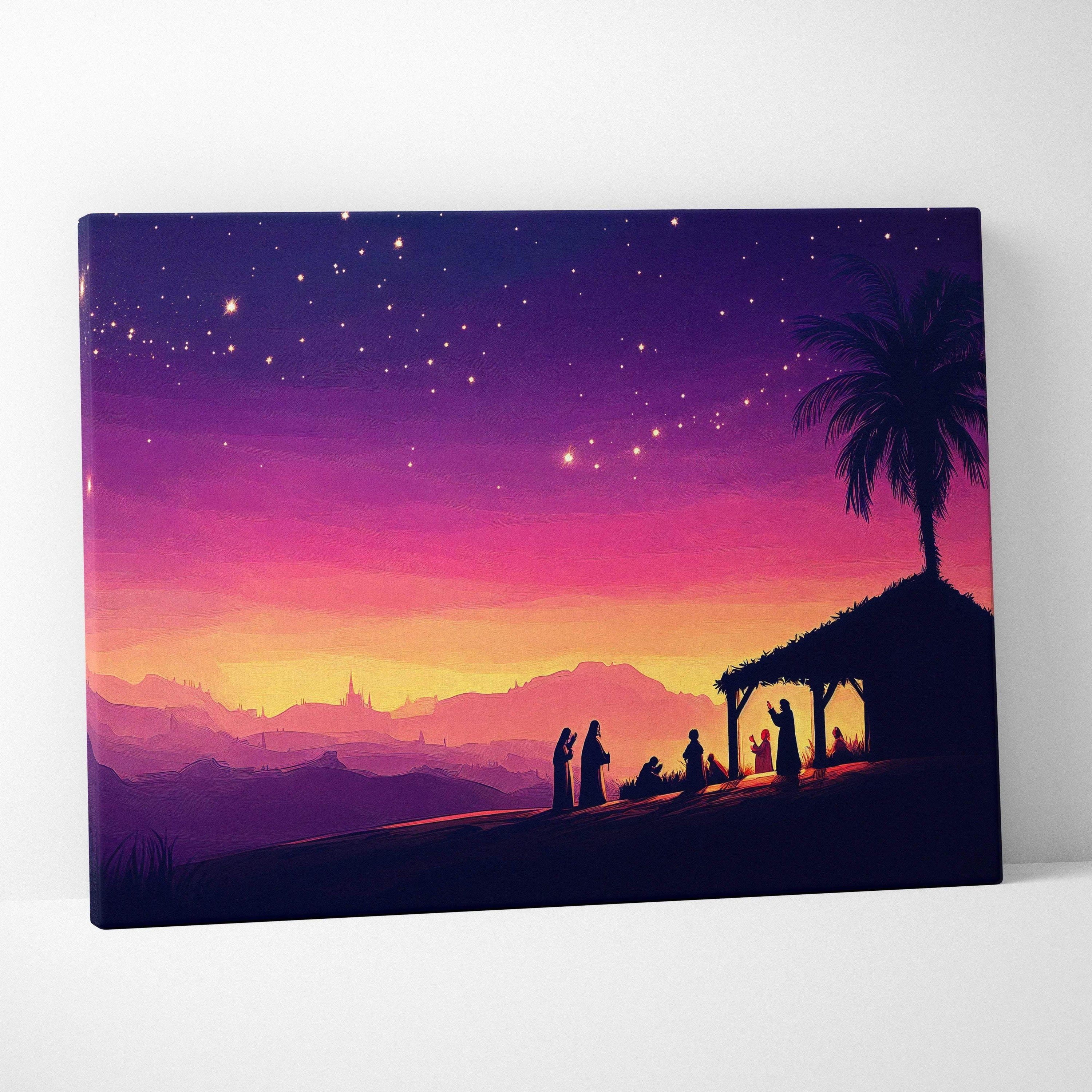 Vibrant purple pink nativity silhouette canvas wall art sunset starry sky
