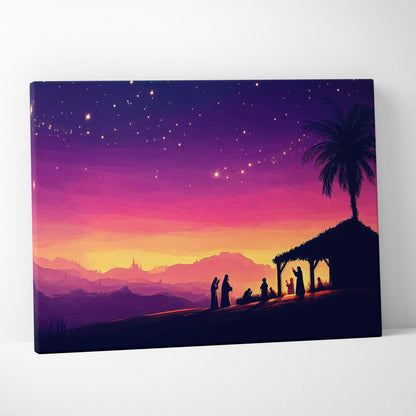 Vibrant purple pink nativity silhouette canvas wall art sunset starry sky