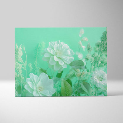 Soft white flowers with airy greenery on mint green canvas wall art