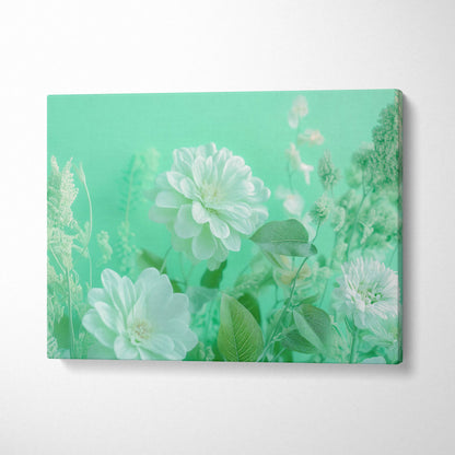 Soft white flowers and airy greenery on mint green canvas wall art