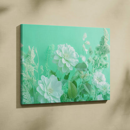 Framed soft white flowers with airy greenery on mint green canvas wall art