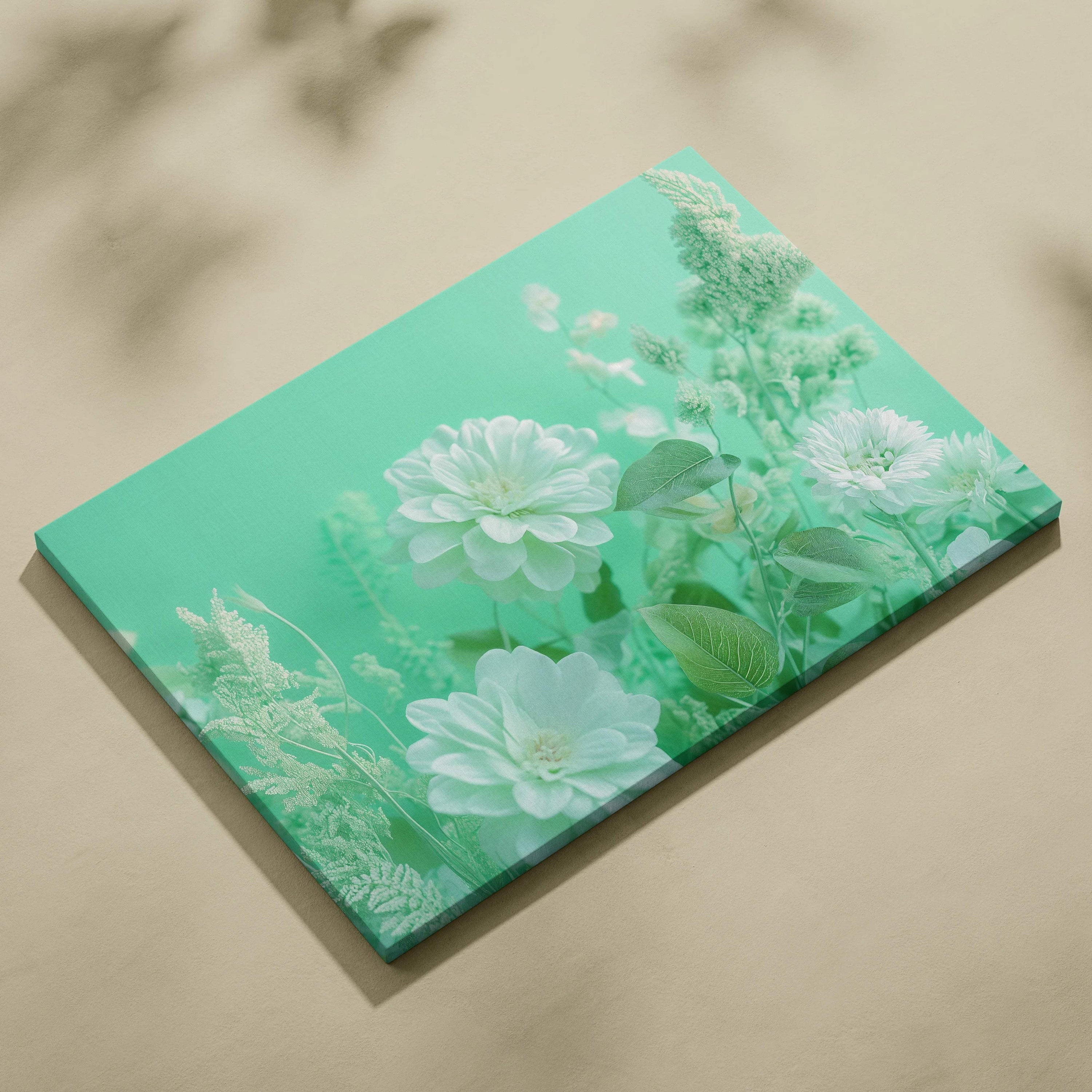 Soft white flowers with airy greenery on mint green canvas wall art