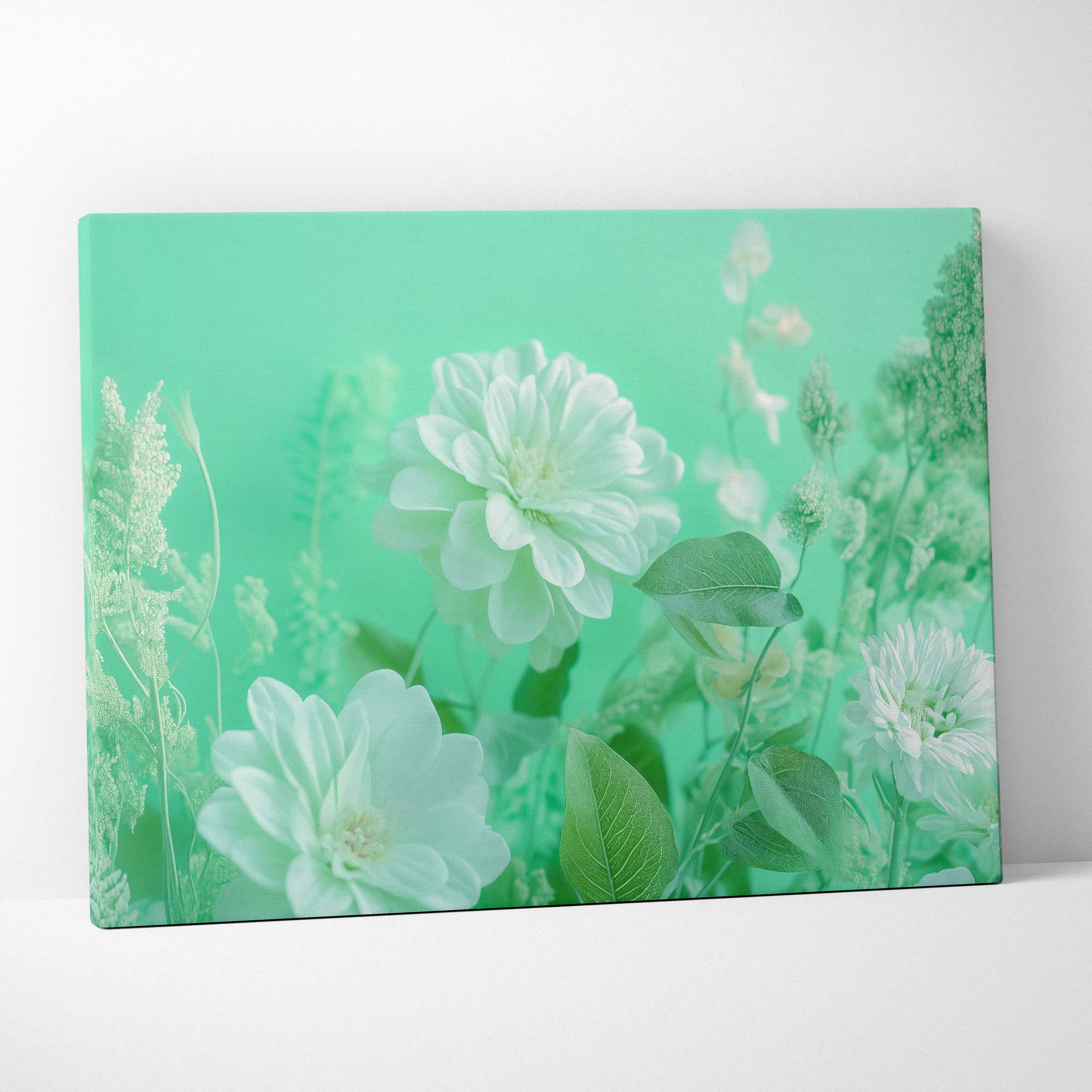 Mint green canvas print with delicate white flowers and airy greenery
