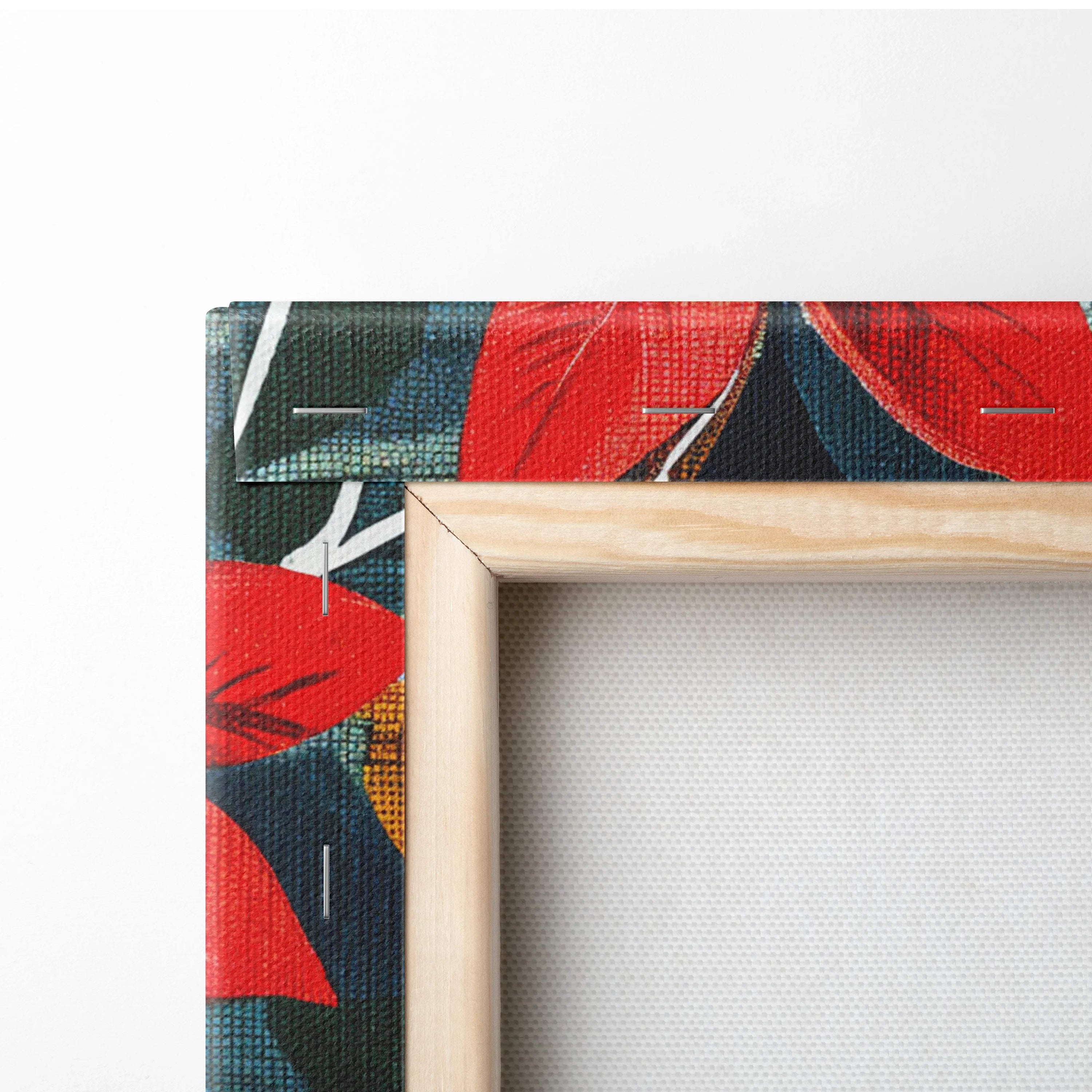 Festive cardinal duo canvas art with red birds, poinsettias, greenery on navy, light wood frame