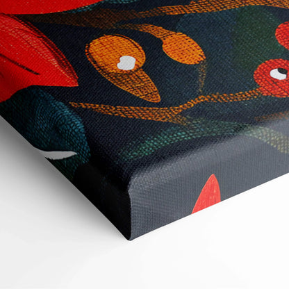 Festive cardinal duo canvas art with red birds, poinsettias on navy