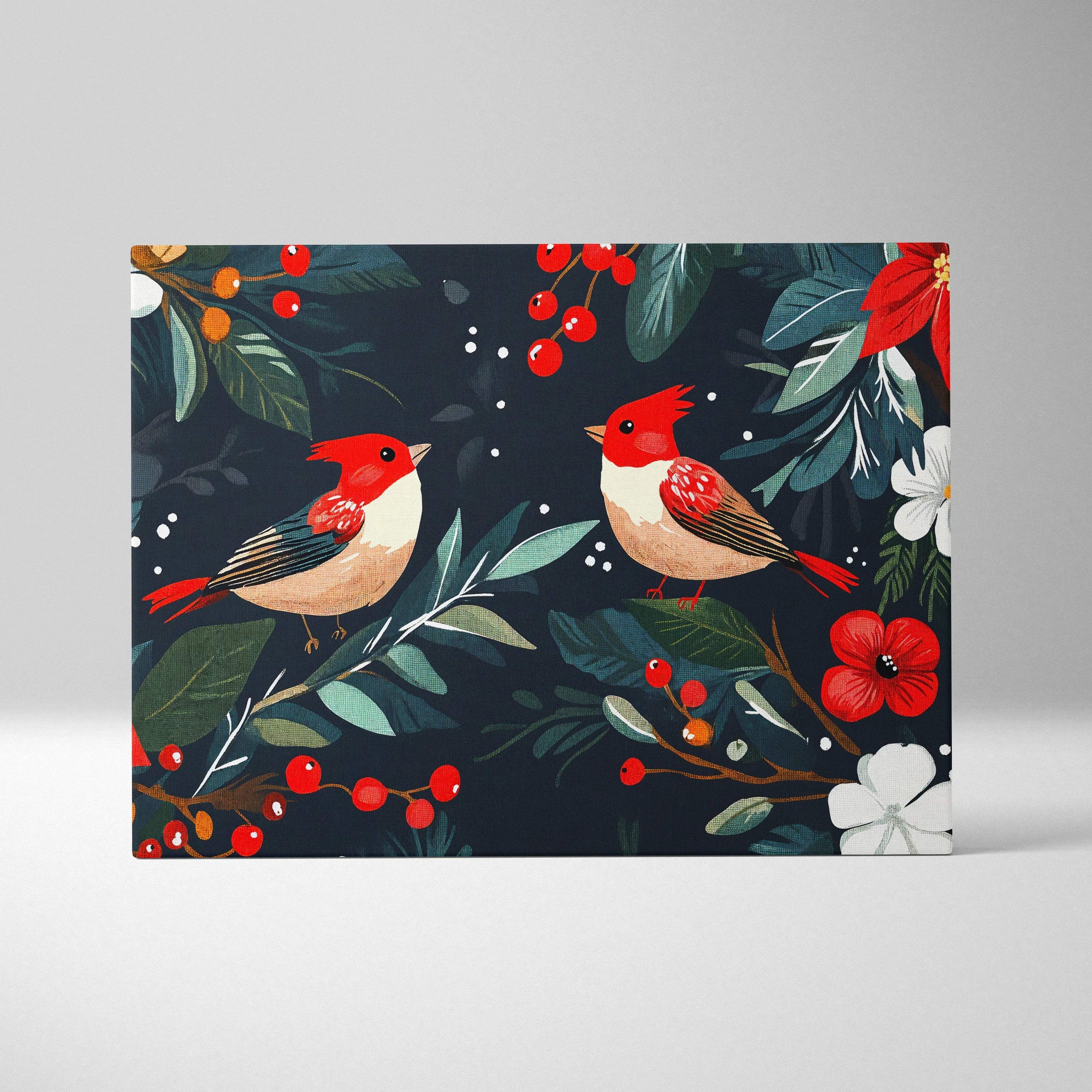 Festive hand-painted cardinal duo canvas wall art with red birds among poinsettias on navy