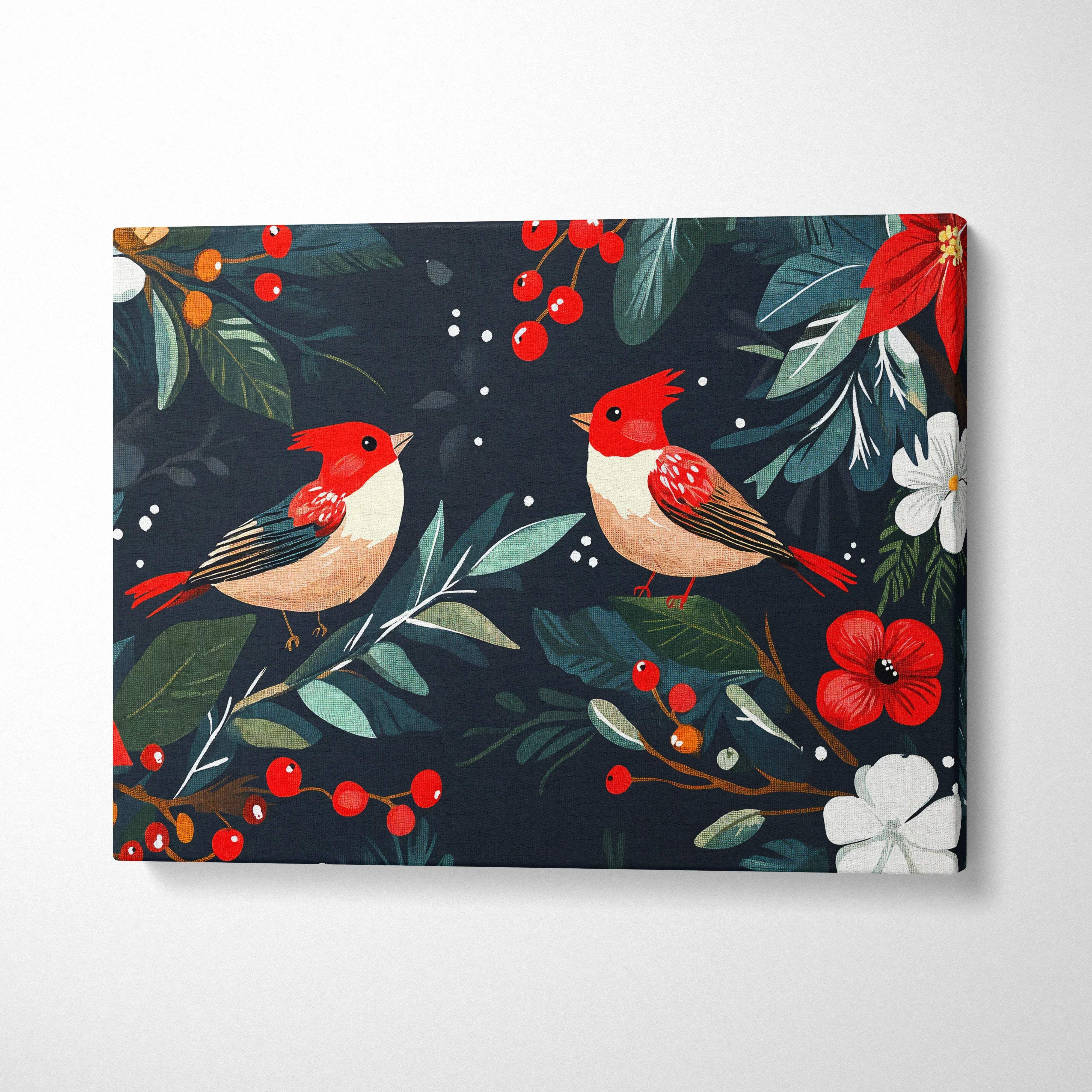 Festive hand-painted cardinal duo canvas art with poinsettias on navy