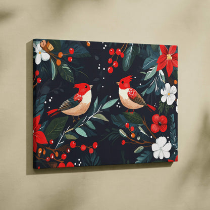 Festive hand-painted cardinal duo canvas wall art with red birds, poinsettias, greenery on navy