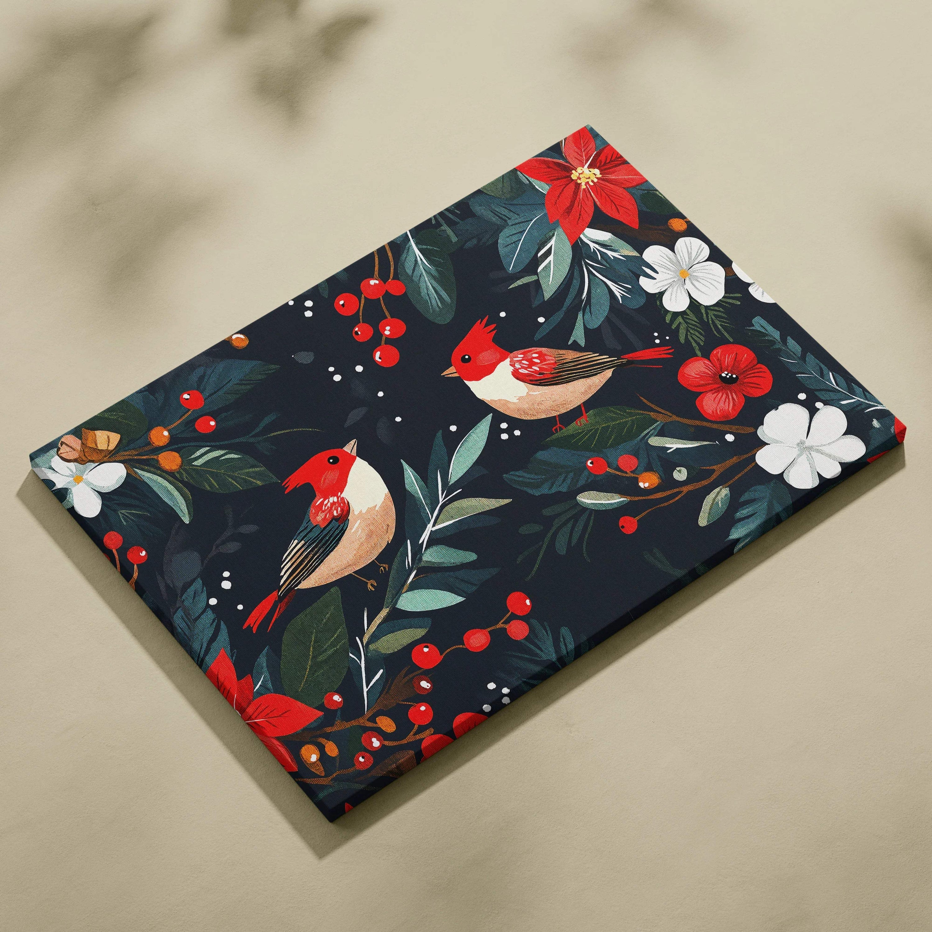 Festive hand-painted cardinal duo canvas wall art with red birds, poinsettias and greenery on navy