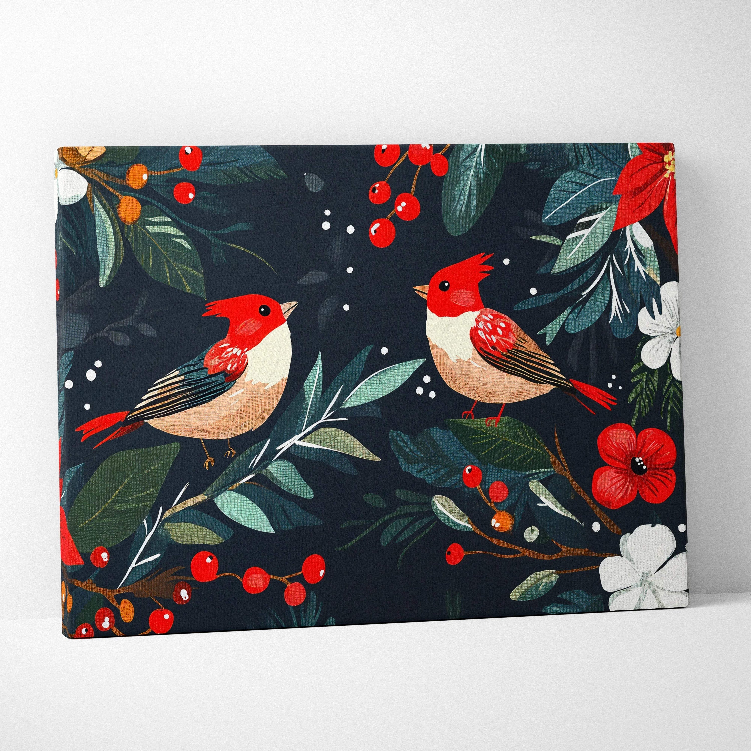 Festive hand-painted cardinal duo canvas wall art with red birds, poinsettias, greenery on navy