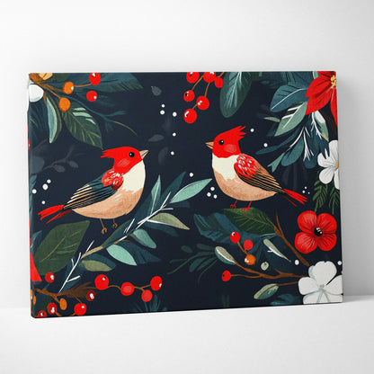 Festive hand-painted cardinal duo canvas wall art with red birds, poinsettias, greenery on navy