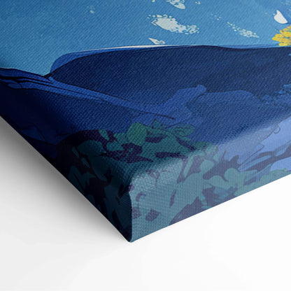 Blue ocean canvas print with waterfall, cliffs, footprints and flowers