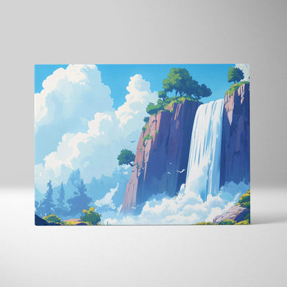 Dreamlike waterfall over sunlit cliffs in bright blues and lush greens canvas art