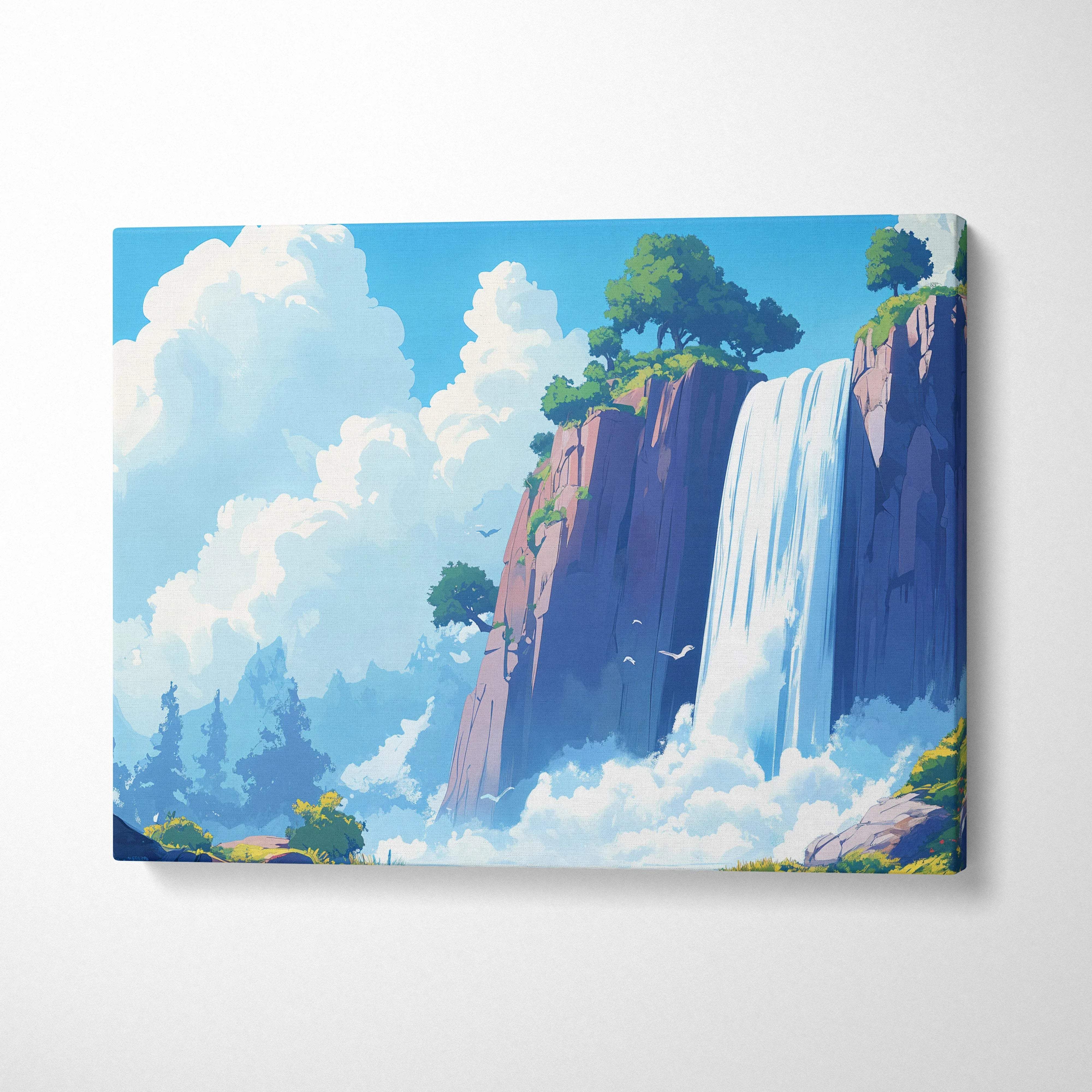 Dreamlike waterfall over sunlit cliffs in bright blues and lush greens canvas art