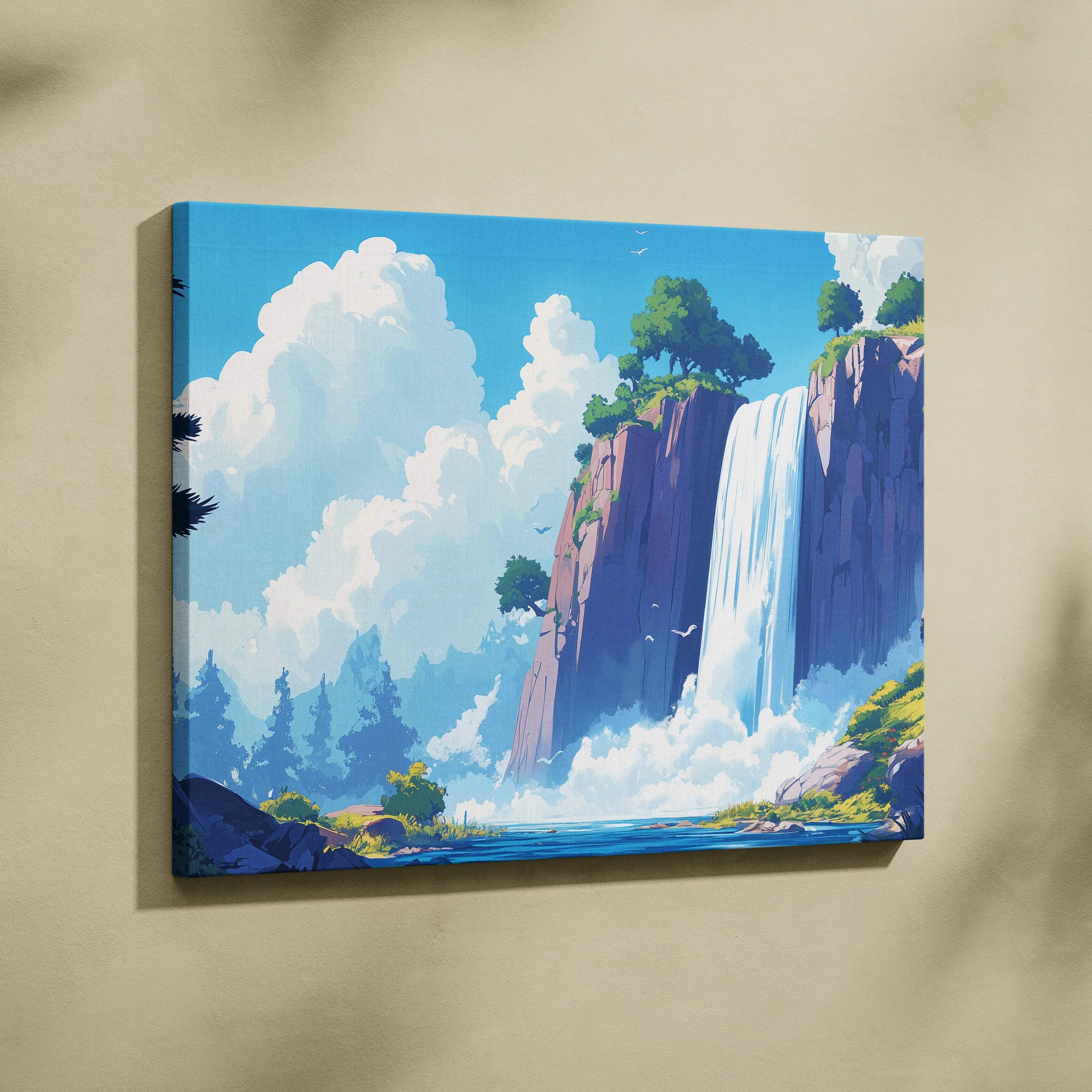 Dreamlike waterfall over sunlit cliffs in bright blues and lush greens canvas art