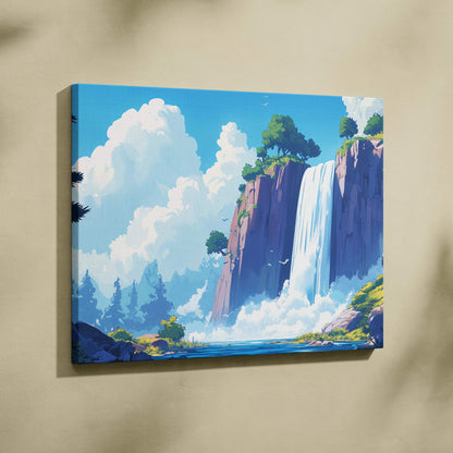 Dreamlike waterfall over sunlit cliffs in bright blues and lush greens canvas art