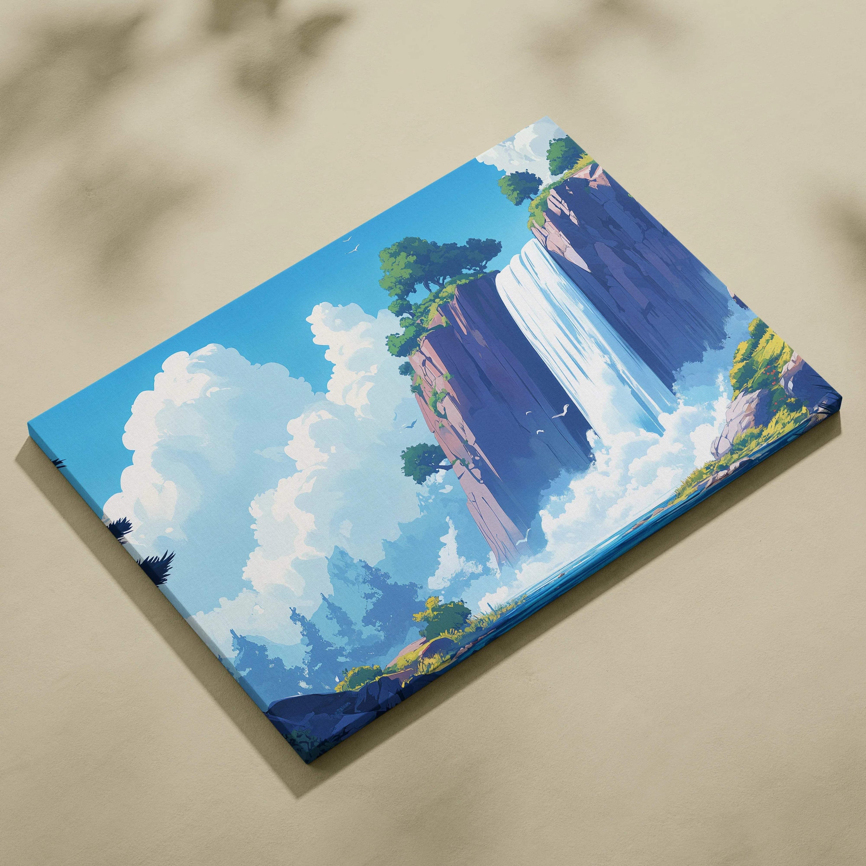 Dreamlike waterfall over sunlit cliffs in bright blues and lush greens canvas art