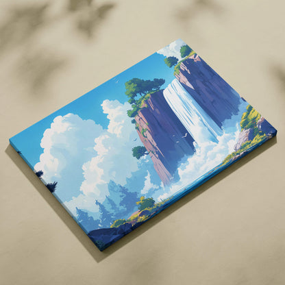 Dreamlike waterfall over sunlit cliffs in bright blues and lush greens canvas art