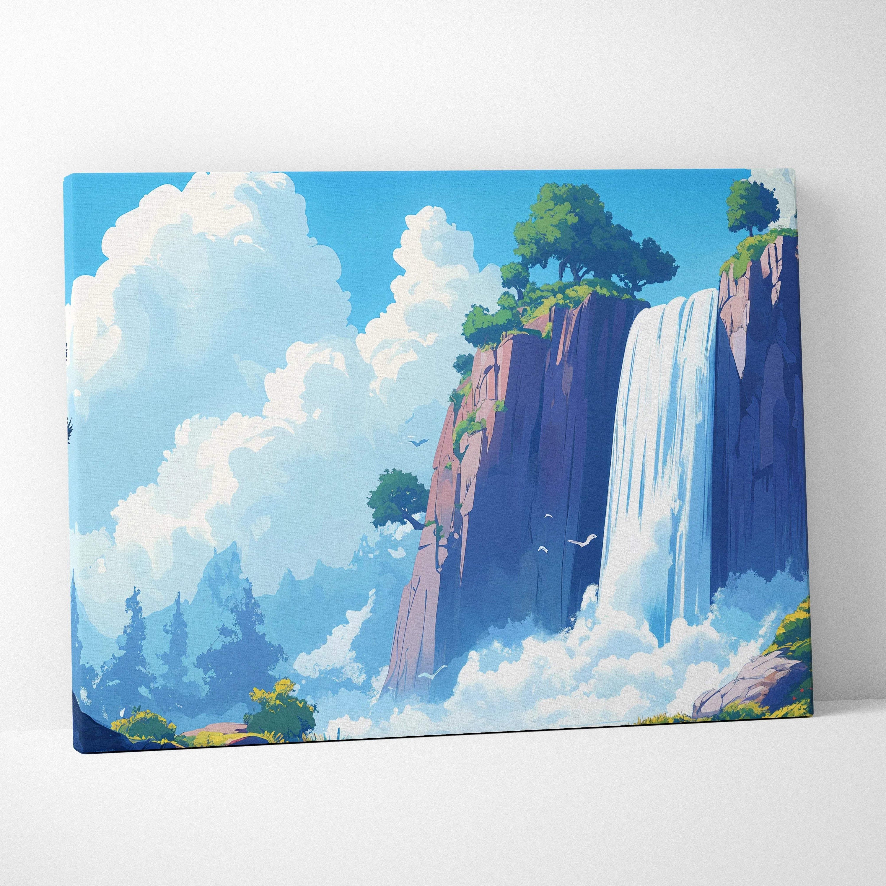 Dreamlike waterfall over sunlit cliffs in bright blues and lush greens canvas art