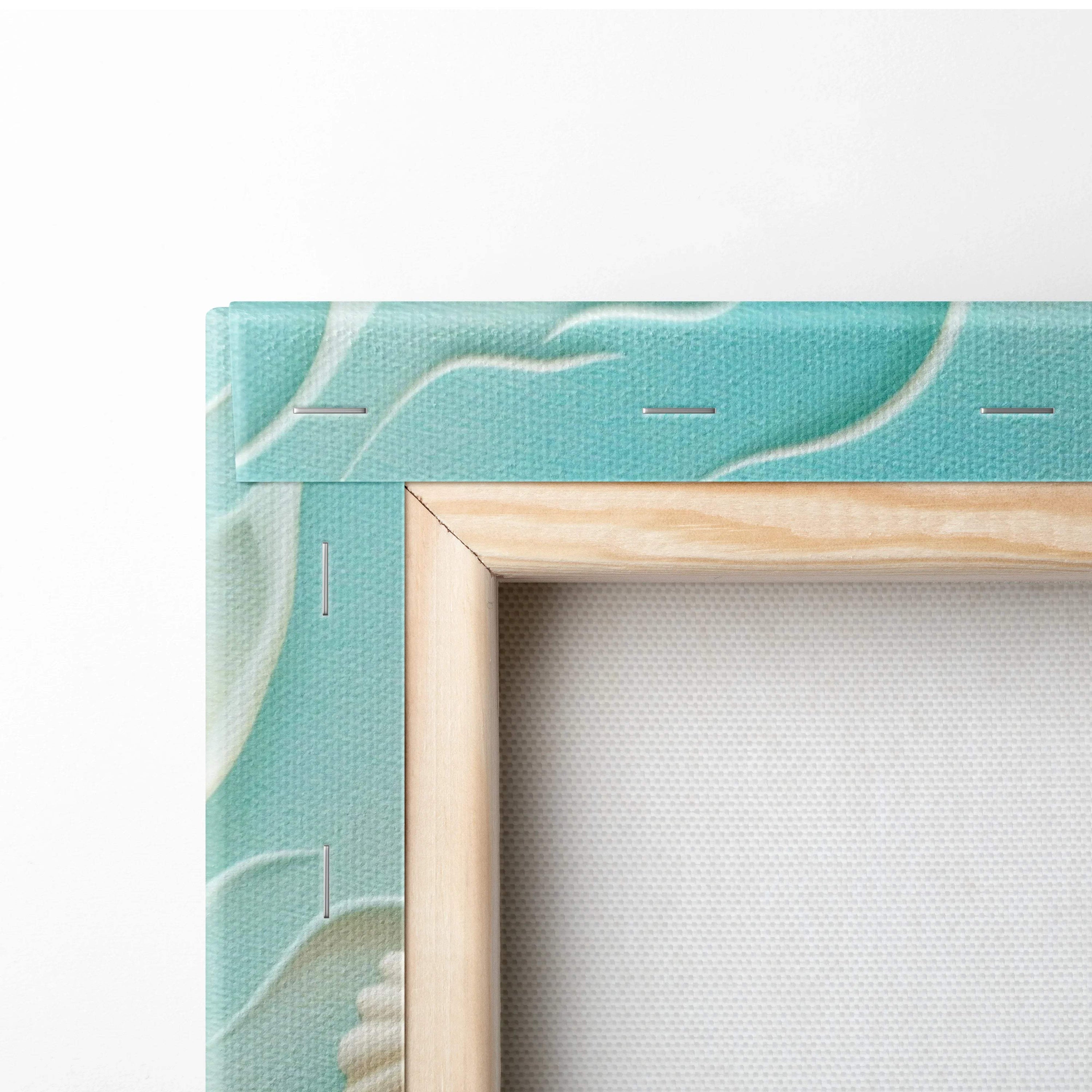 Light wood frame teal canvas with white waves starfish shells beach