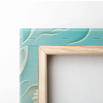 Light wood frame teal canvas with white waves starfish shells beach