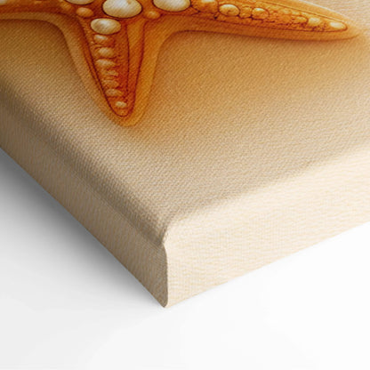 Detailed orange starfish with pearl accents on pastel seaside canvas wall art