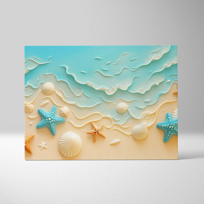 Pastel seaside canvas wall art with soft turquoise waves, starfish, shells on sandy beach